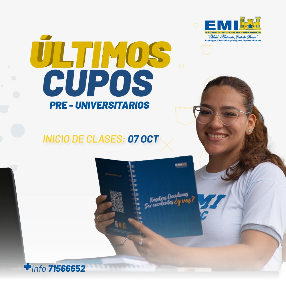 ¡Ú𝗹𝘁𝗶𝗺𝗼𝘀 𝗰𝘂𝗽𝗼𝘀 𝗱𝗶𝘀𝗽𝗼𝗻𝗶𝗯𝗹𝗲𝘀!  No te quedes fuera de nuestros 𝗣𝗿𝗲𝘂𝗻𝗶𝘃𝗲𝗿𝘀𝗶𝘁𝗮𝗿𝗶𝗼𝘀 𝗘𝗠𝗜 que arrancan este 7 de octubre.  Ya sea de manera : - Virtual  - Presencial Prepárate con los mejores y asegura tu ingreso a la universidad que hará despegar tu futuro.  Aprovecha esta oportunidad de reforzar tus conocimientos en matemáticas, física y más, con el respaldo de la EMI. ¡Inscríbete ya antes de que se acaben los lugares! #PreuniversitarioEMI #FuturoIngenieros #ÚltimosCupos #VirtualYPresencial #EducaciónDeCalidad #EMI